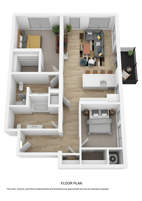 Floor plan for 2 beds, 2 baths, 1046 sqft